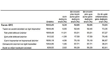 Tarım ürünleri üretici fiyat endeksi (Tarım-ÜFE) yıllık yüzde 52,66, aylık yüzde 6,34 arttı