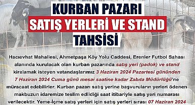 Malkara Belediye: Kurban bayramı nedeniyle Kurban Pazarı Hacıevhat Mahallesi Ahmetpaşa Köy Yolu Caddesi Erenler Futbol Sahası alanında kurulacaktır