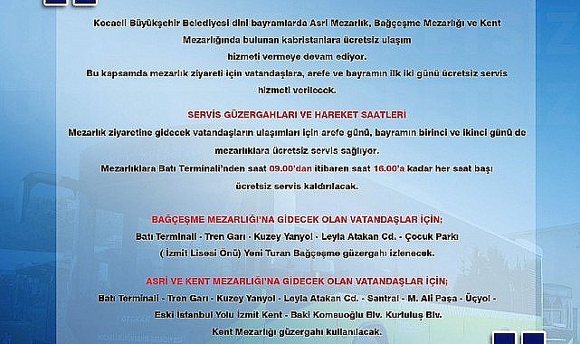 Büyükşehir'den bayramda mezarlıklara ücretsiz ulaşım