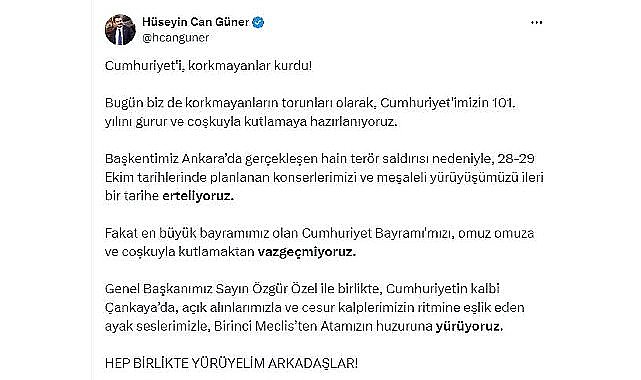 Çankaya Belediye Başkanı Hüseyin Can Güner'in Cumhuriyet Bayramı Etkinlikleri ile İlgili Açıklaması