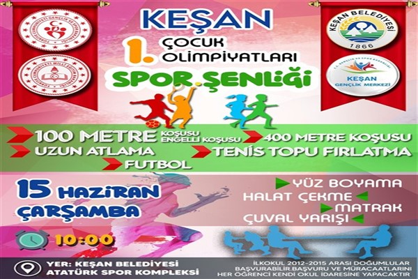 Keşan 1. Çocuk Olimpiyatları Spor Şenliği 15 Haziran’da gerçekleştirilecek
